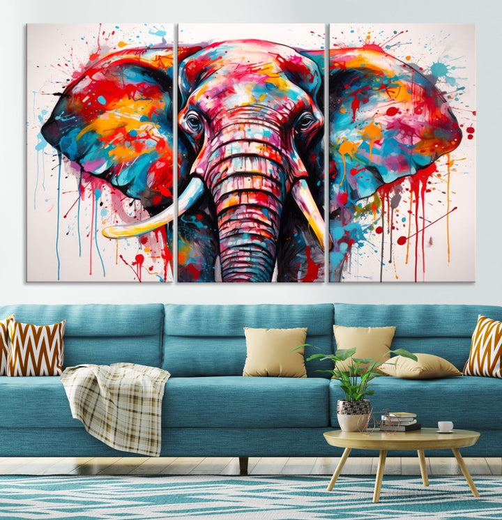 Abstract Elephant Painting Modern Canvas Wall Art Vibrant Colors Print Framed