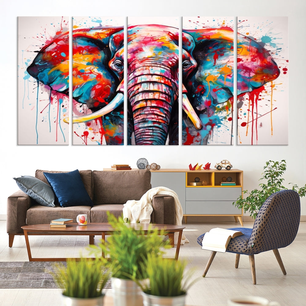 Abstract Elephant Painting Modern Canvas Wall Art Vibrant Colors Print Framed