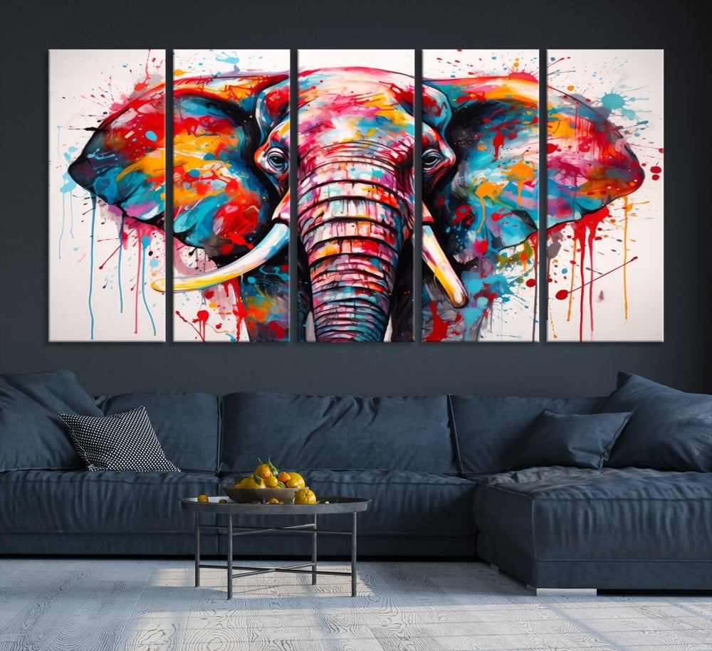 Abstract Elephant Painting Modern Canvas Wall Art Vibrant Colors Print Framed