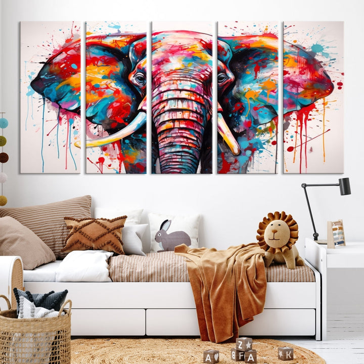 Abstract Elephant Painting Modern Canvas Wall Art Vibrant Colors Print Framed