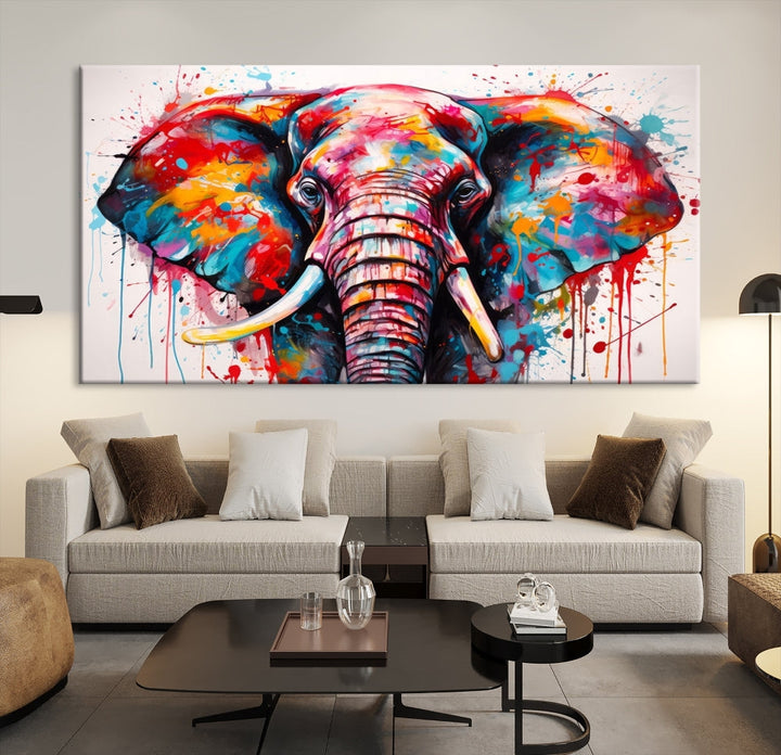 Abstract Elephant Painting Modern Canvas Wall Art Vibrant Colors Print Framed