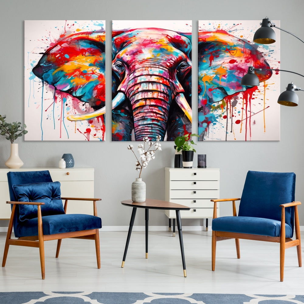 Abstract Elephant Painting Modern Canvas Wall Art Vibrant Colors Print Framed