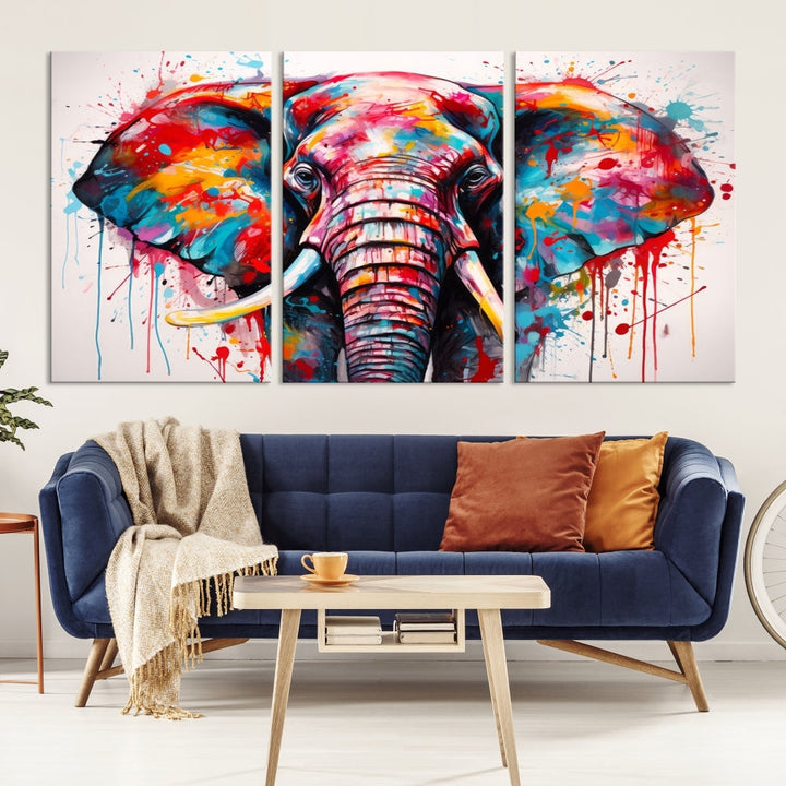 Abstract Elephant Painting Modern Canvas Wall Art Vibrant Colors Print Framed