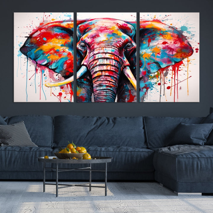 Abstract Elephant Painting Modern Canvas Wall Art Vibrant Colors Print Framed