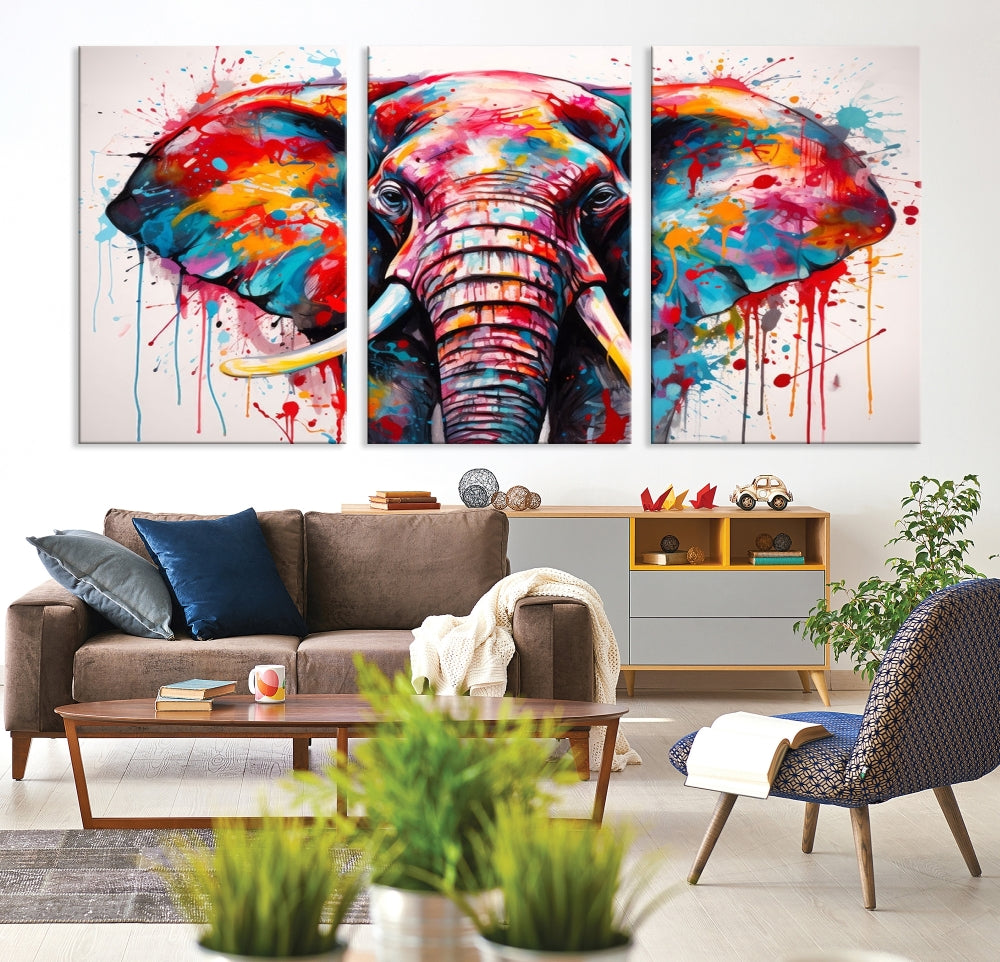 Abstract Elephant Painting Modern Canvas Wall Art Vibrant Colors Print Framed