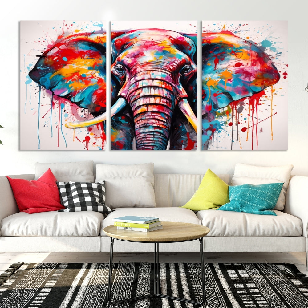 Abstract Elephant Painting Modern Canvas Wall Art Vibrant Colors Print Framed