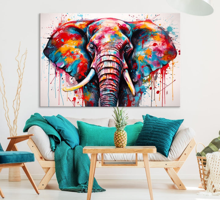 Abstract Elephant Painting Modern Canvas Wall Art Vibrant Colors Print Framed