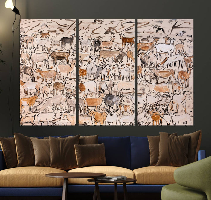 Abstract Farm Animal Canvas Wall Art - Rustic Goat and Cattle Design for Living Room, Farmhouse, or Study, Ready to Hang