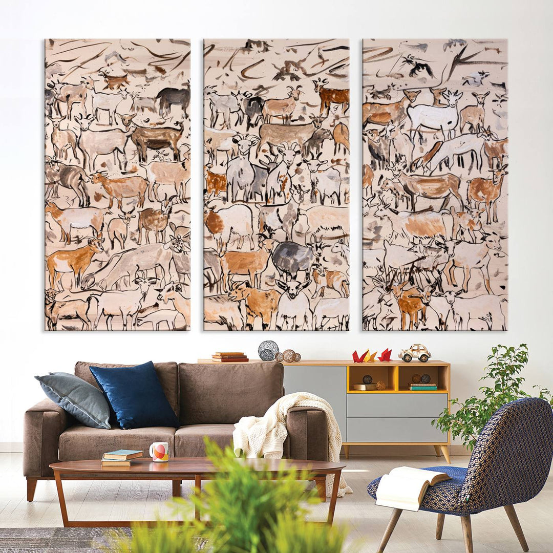 Abstract Farm Animal Canvas Wall Art - Rustic Goat and Cattle Design for Living Room, Farmhouse, or Study, Ready to Hang