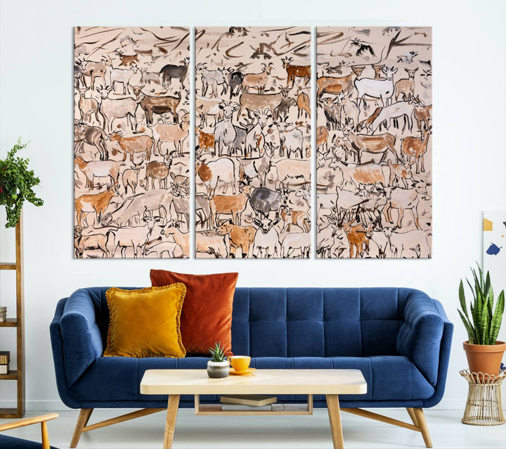 Abstract Farm Animal Canvas Wall Art - Rustic Goat and Cattle Design for Living Room, Farmhouse, or Study, Ready to Hang