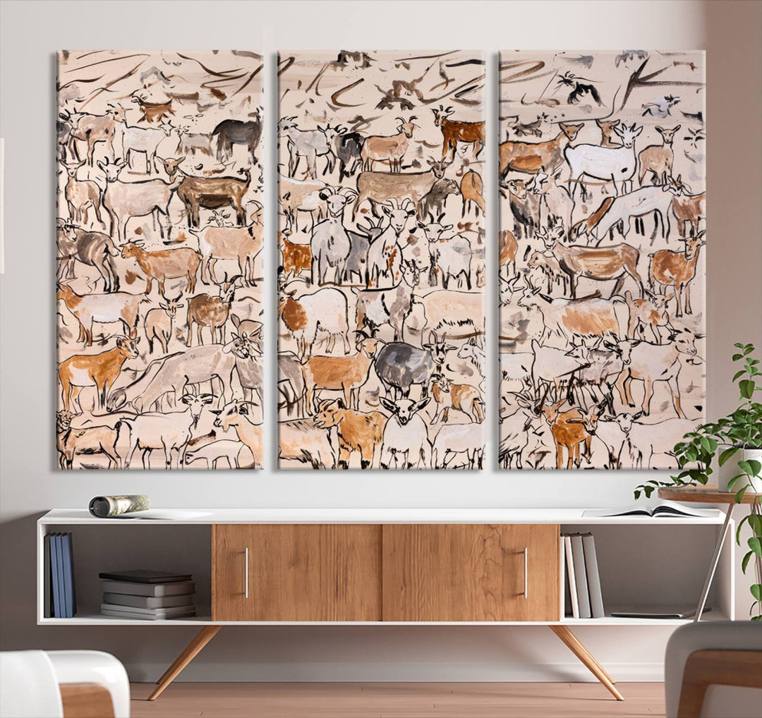 Abstract Farm Animal Canvas Wall Art - Rustic Goat and Cattle Design for Living Room, Farmhouse, or Study, Ready to Hang