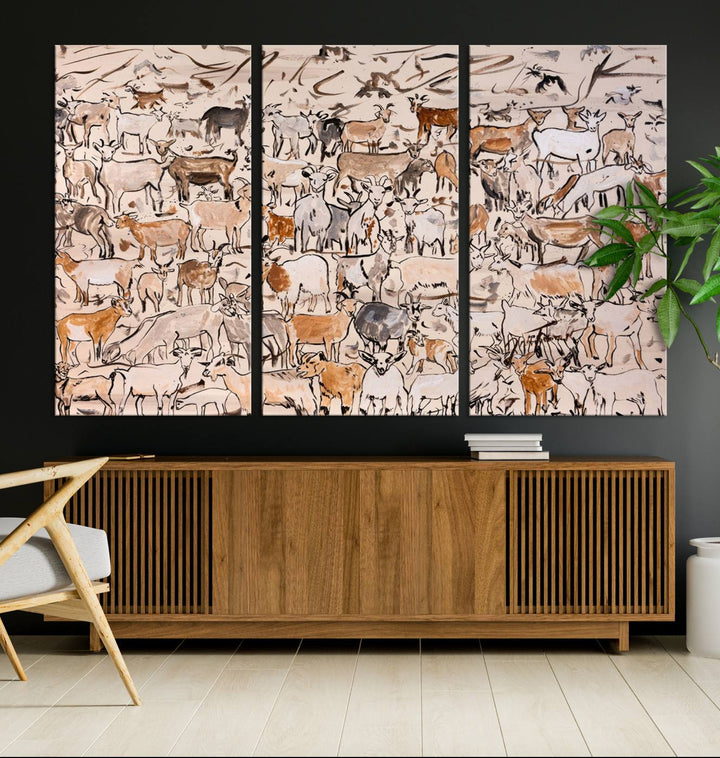 Abstract Farm Animal Canvas Wall Art - Rustic Goat and Cattle Design for Living Room, Farmhouse, or Study, Ready to Hang