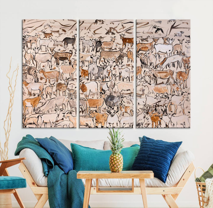 Abstract Farm Animal Canvas Wall Art - Rustic Goat and Cattle Design for Living Room, Farmhouse, or Study, Ready to Hang