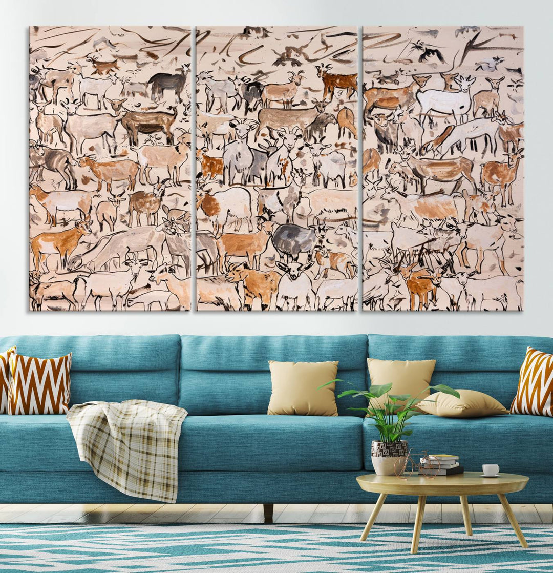 Abstract Farm Animal Canvas Wall Art - Rustic Goat and Cattle Design for Living Room, Farmhouse, or Study, Ready to Hang