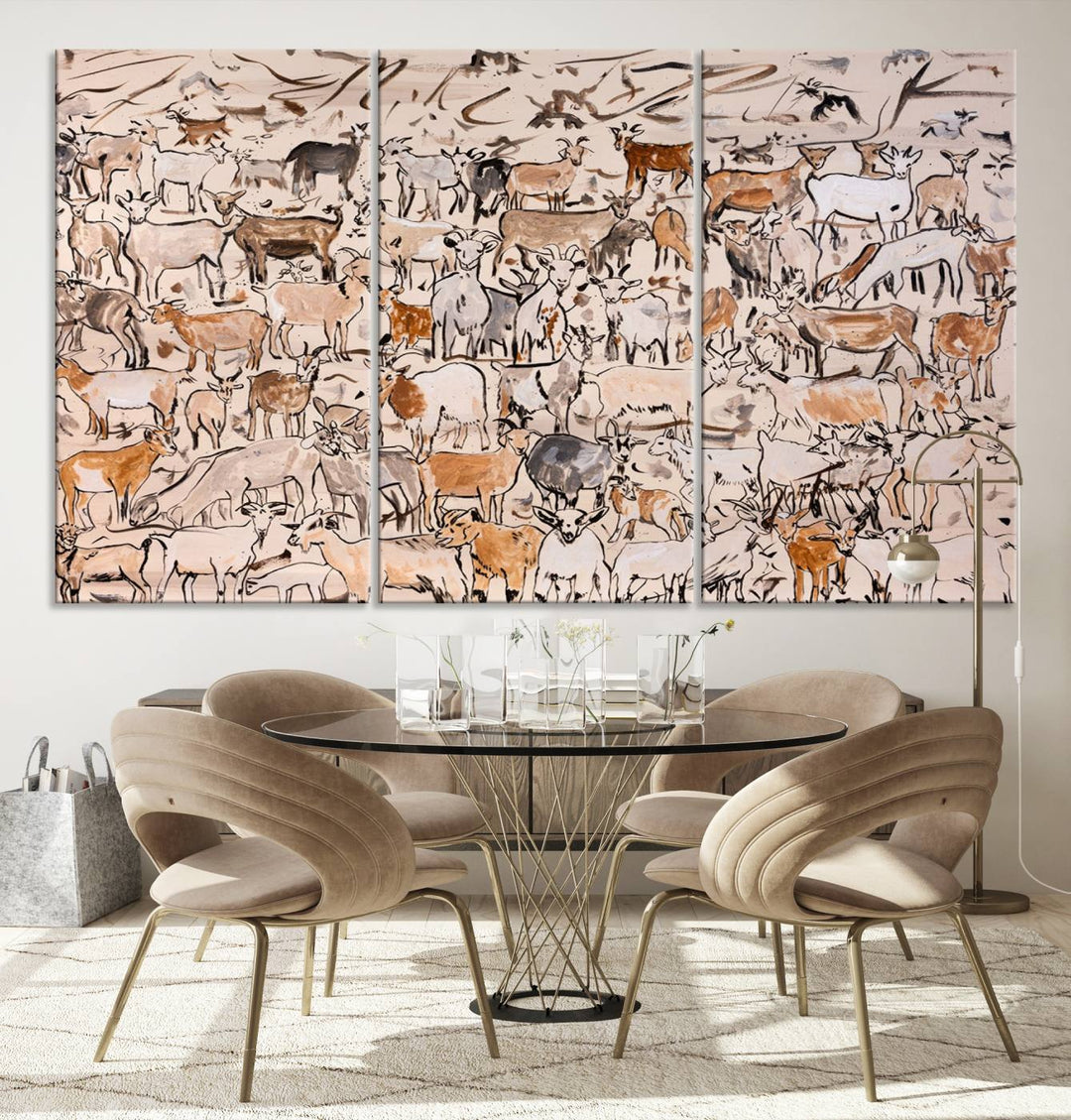 Abstract Farm Animal Canvas Wall Art - Rustic Goat and Cattle Design for Living Room, Farmhouse, or Study, Ready to Hang