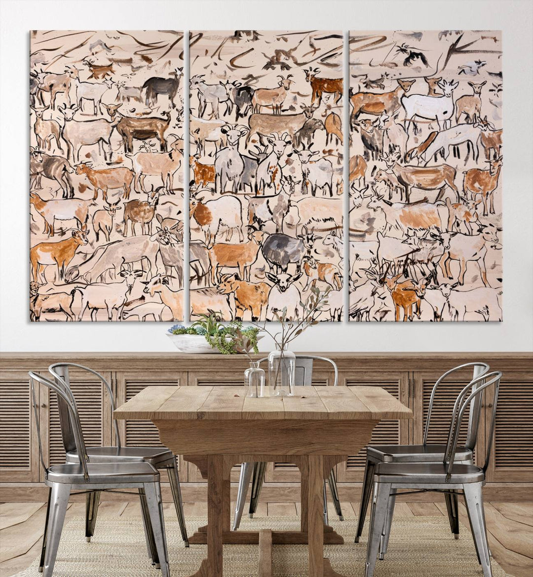 Abstract Farm Animal Canvas Wall Art - Rustic Goat and Cattle Design for Living Room, Farmhouse, or Study, Ready to Hang