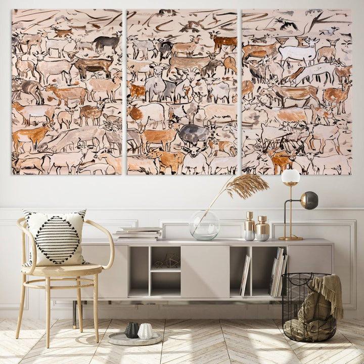 Abstract Farm Animal Canvas Wall Art - Rustic Goat and Cattle Design for Living Room, Farmhouse, or Study, Ready to Hang