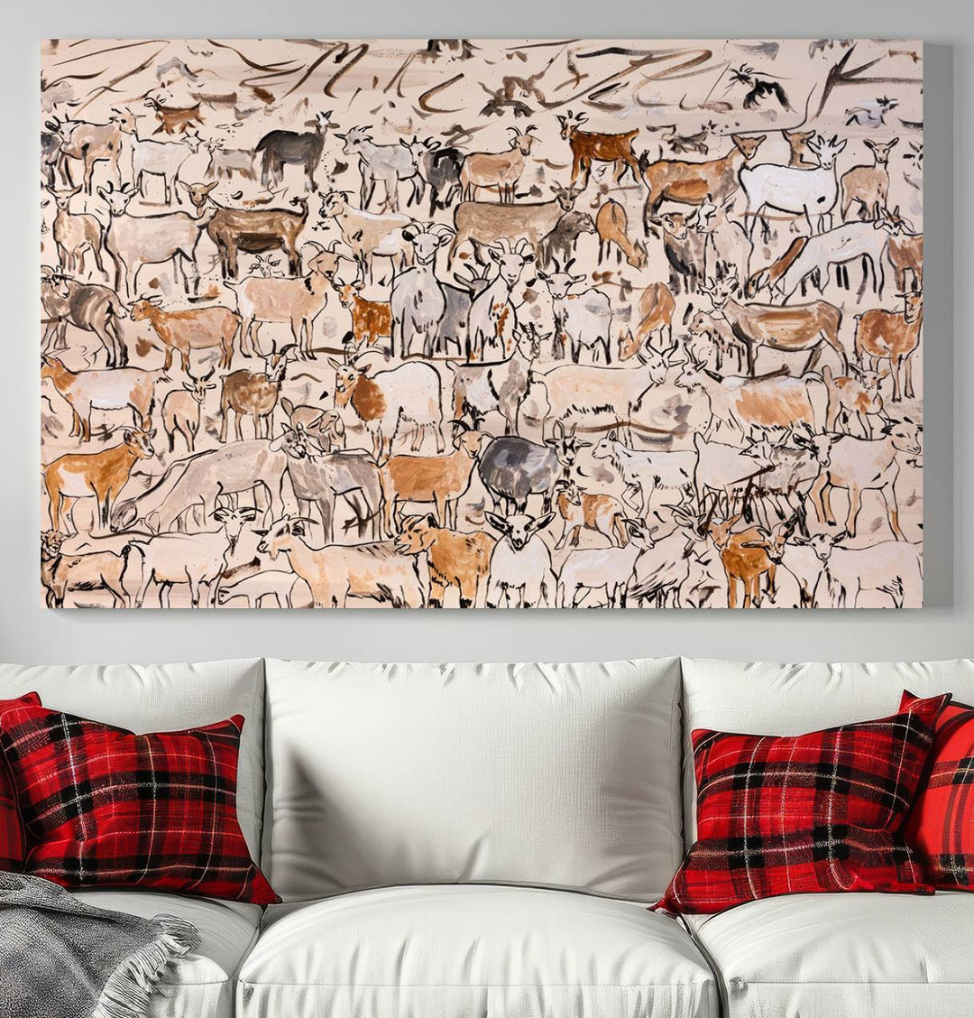 Abstract Farm Animal Canvas Wall Art - Rustic Goat and Cattle Design for Living Room, Farmhouse, or Study, Ready to Hang