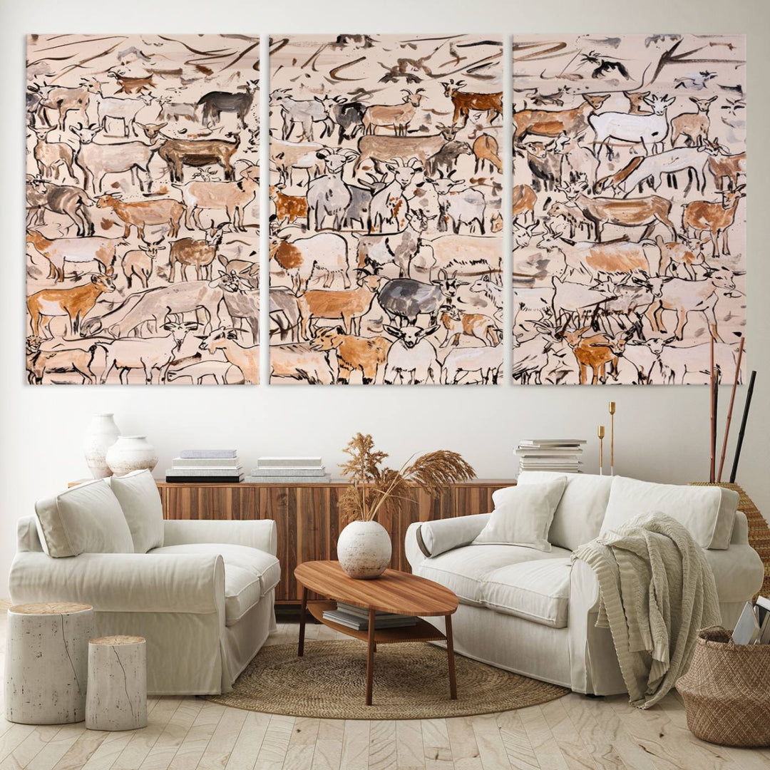 Abstract Farm Animal Canvas Wall Art - Rustic Goat and Cattle Design for Living Room, Farmhouse, or Study, Ready to Hang