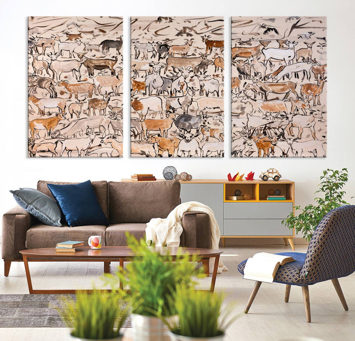 Abstract Farm Animal Canvas Wall Art - Rustic Goat and Cattle Design for Living Room, Farmhouse, or Study, Ready to Hang