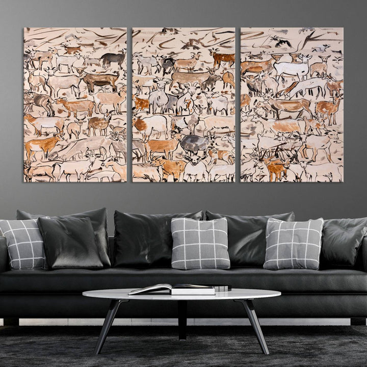 Abstract Farm Animal Canvas Wall Art - Rustic Goat and Cattle Design for Living Room, Farmhouse, or Study, Ready to Hang