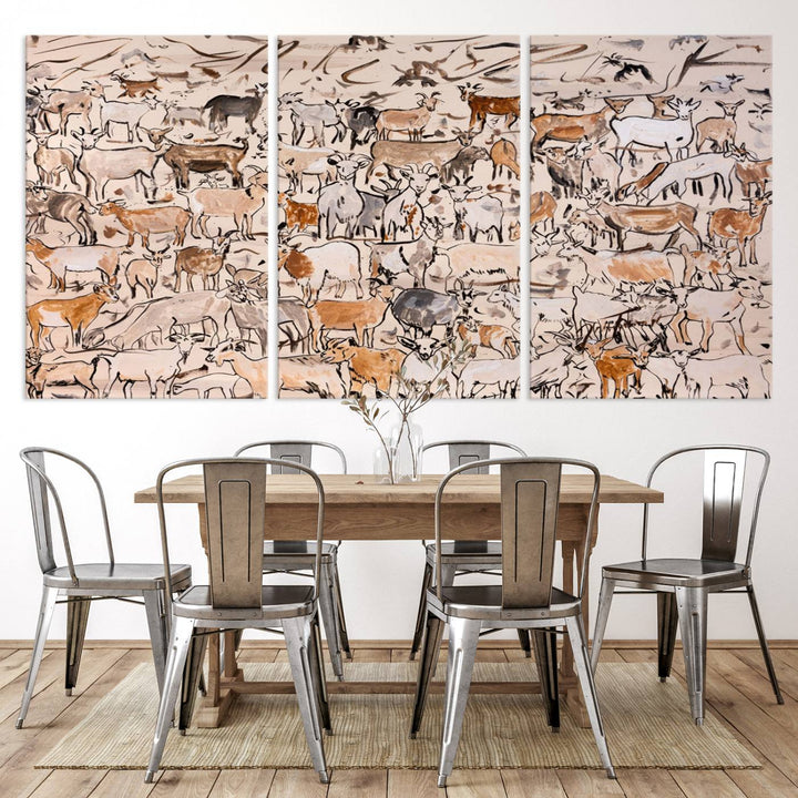 Abstract Farm Animal Canvas Wall Art - Rustic Goat and Cattle Design for Living Room, Farmhouse, or Study, Ready to Hang