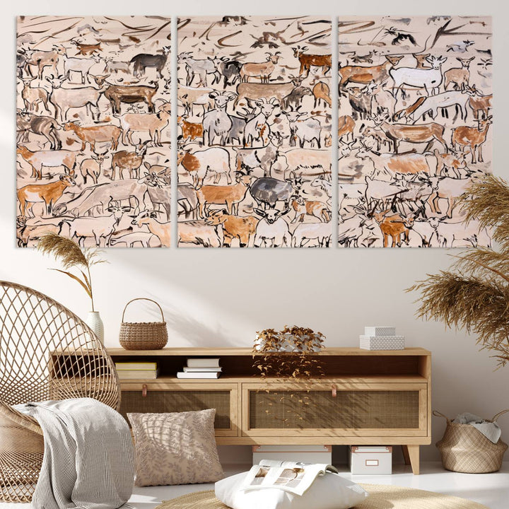 Abstract Farm Animal Canvas Wall Art - Rustic Goat and Cattle Design for Living Room, Farmhouse, or Study, Ready to Hang