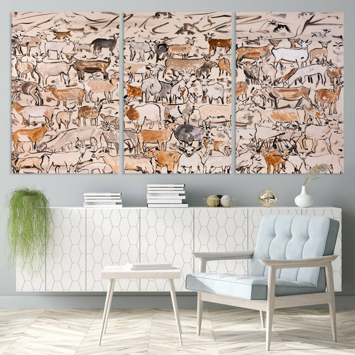 Abstract Farm Animal Canvas Wall Art - Rustic Goat and Cattle Design for Living Room, Farmhouse, or Study, Ready to Hang