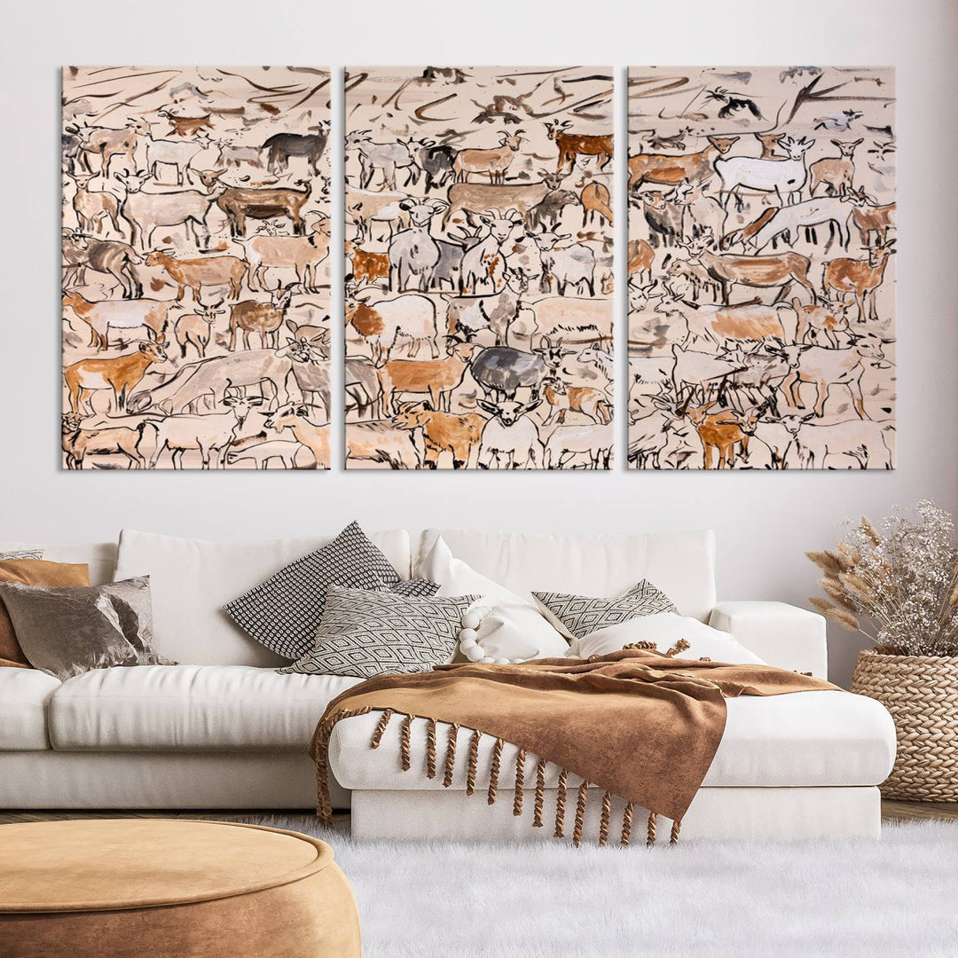 Abstract Farm Animal Canvas Wall Art - Rustic Goat and Cattle Design for Living Room, Farmhouse, or Study, Ready to Hang