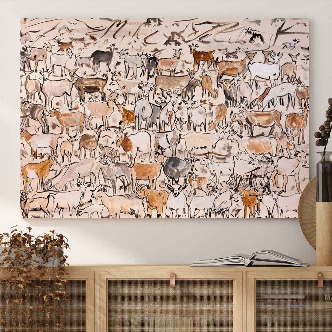 Abstract Farm Animal Canvas Wall Art - Rustic Goat and Cattle Design for Living Room, Farmhouse, or Study, Ready to Hang