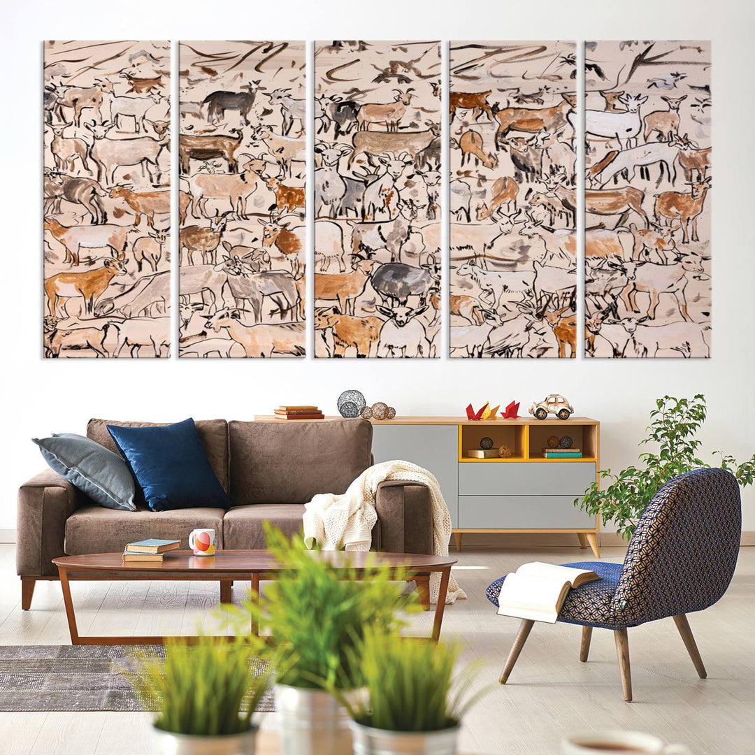 Abstract Farm Animal Canvas Wall Art - Rustic Goat and Cattle Design for Living Room, Farmhouse, or Study, Ready to Hang