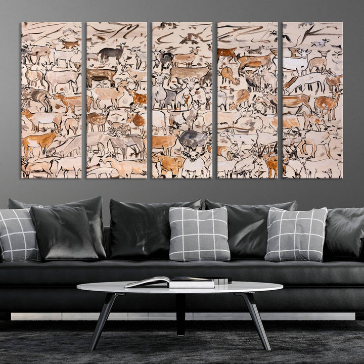 Abstract Farm Animal Canvas Wall Art - Rustic Goat and Cattle Design for Living Room, Farmhouse, or Study, Ready to Hang