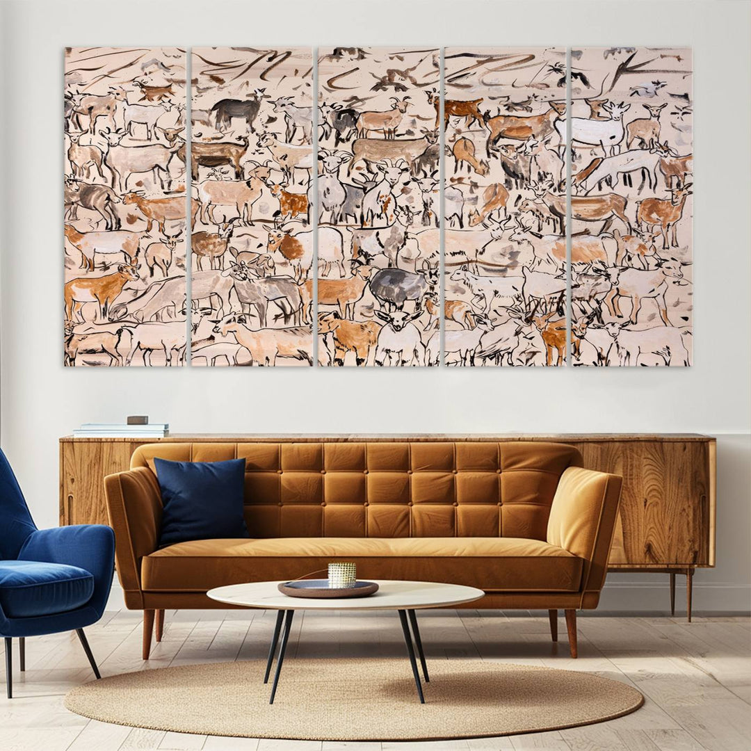 Abstract Farm Animal Canvas Wall Art - Rustic Goat and Cattle Design for Living Room, Farmhouse, or Study, Ready to Hang