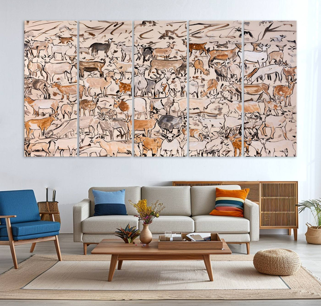 Abstract Farm Animal Canvas Wall Art - Rustic Goat and Cattle Design for Living Room, Farmhouse, or Study, Ready to Hang