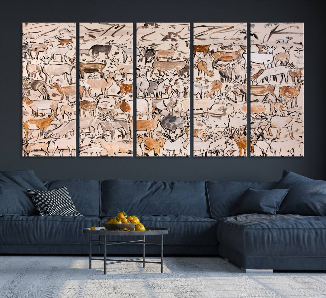 Abstract Farm Animal Canvas Wall Art - Rustic Goat and Cattle Design for Living Room, Farmhouse, or Study, Ready to Hang