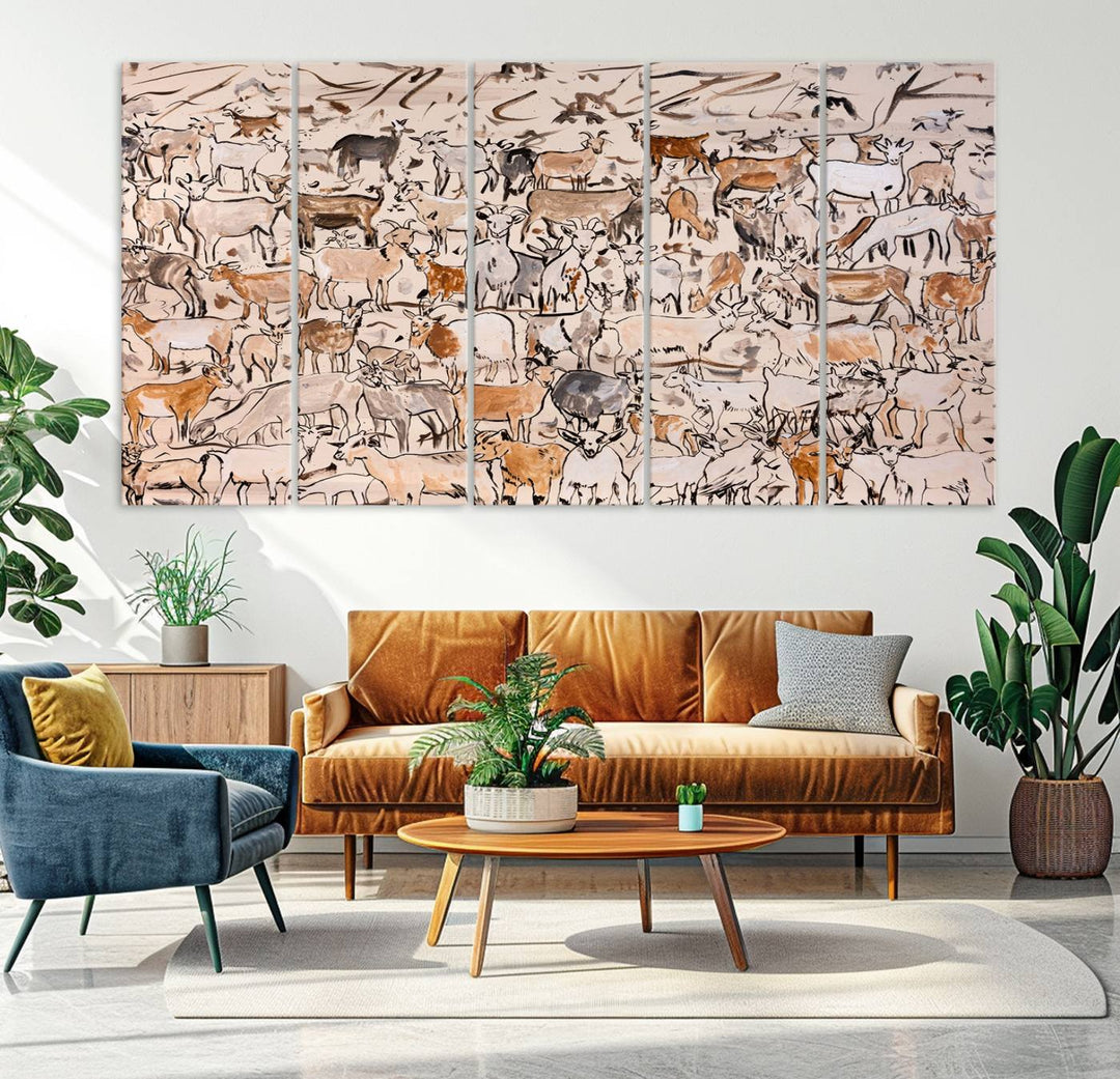 Abstract Farm Animal Canvas Wall Art - Rustic Goat and Cattle Design for Living Room, Farmhouse, or Study, Ready to Hang