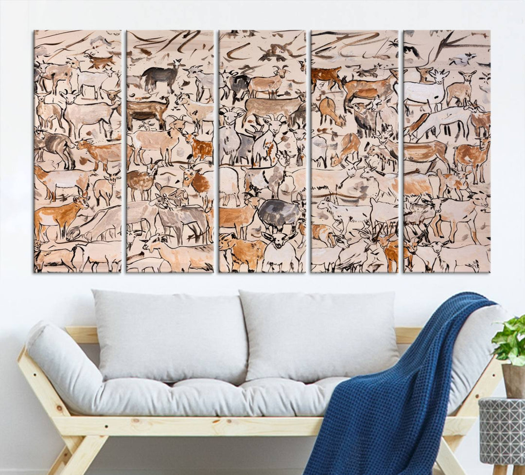 Abstract Farm Animal Canvas Wall Art - Rustic Goat and Cattle Design for Living Room, Farmhouse, or Study, Ready to Hang