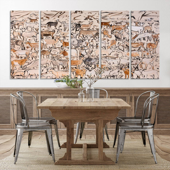 Abstract Farm Animal Canvas Wall Art - Rustic Goat and Cattle Design for Living Room, Farmhouse, or Study, Ready to Hang