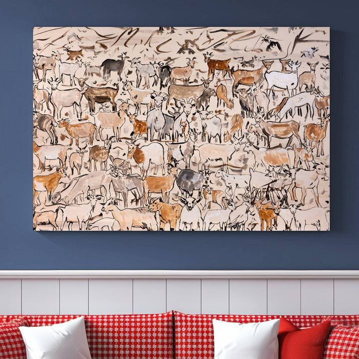 Abstract Farm Animal Canvas Wall Art - Rustic Goat and Cattle Design for Living Room, Farmhouse, or Study, Ready to Hang