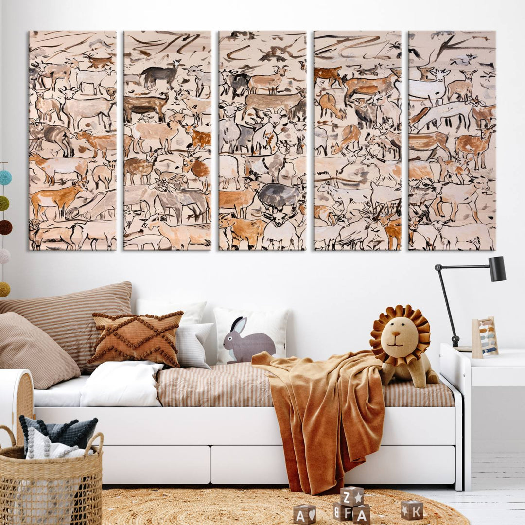 Abstract Farm Animal Canvas Wall Art - Rustic Goat and Cattle Design for Living Room, Farmhouse, or Study, Ready to Hang