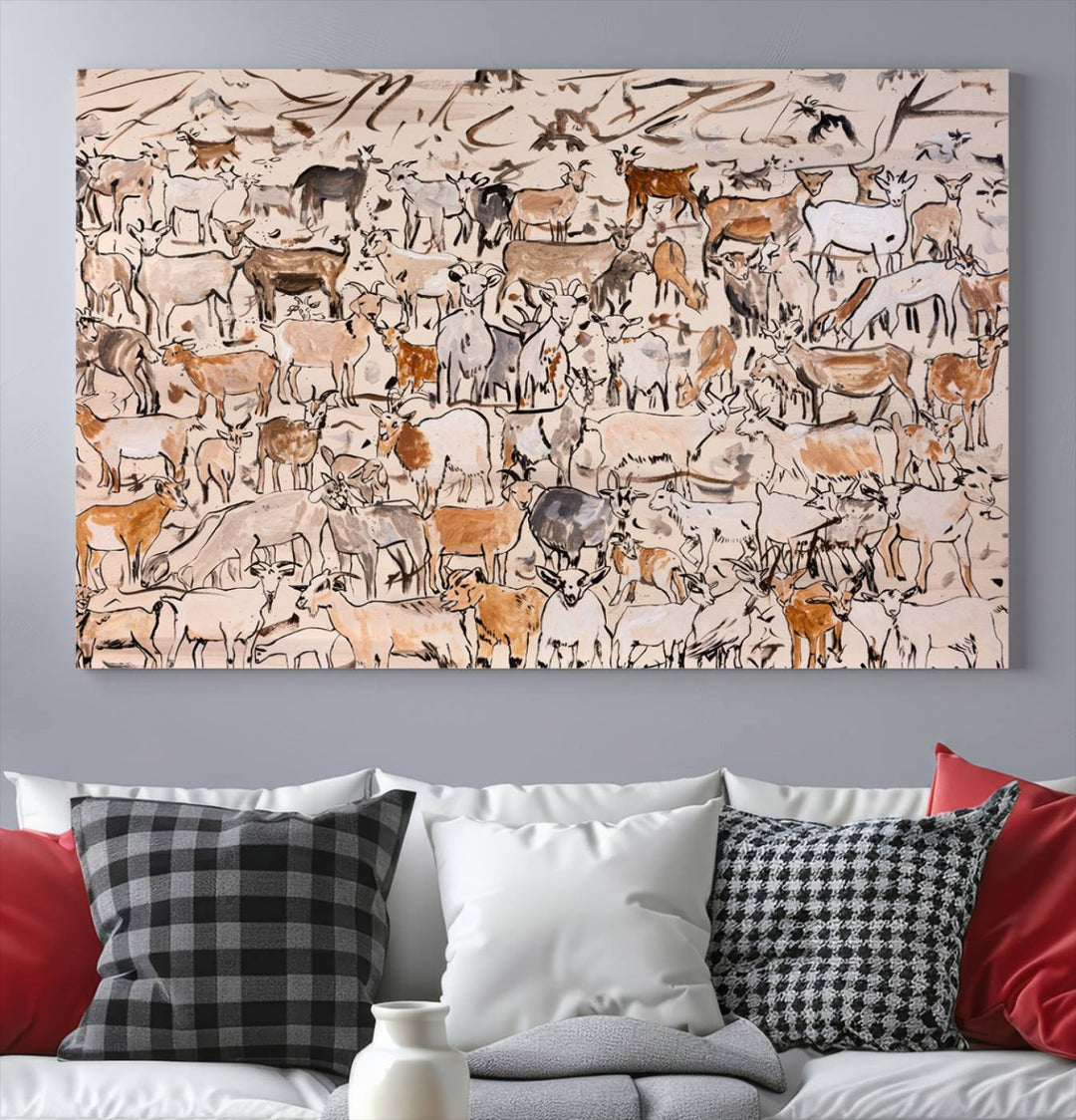 Abstract Farm Animal Canvas Wall Art - Rustic Goat and Cattle Design for Living Room, Farmhouse, or Study, Ready to Hang