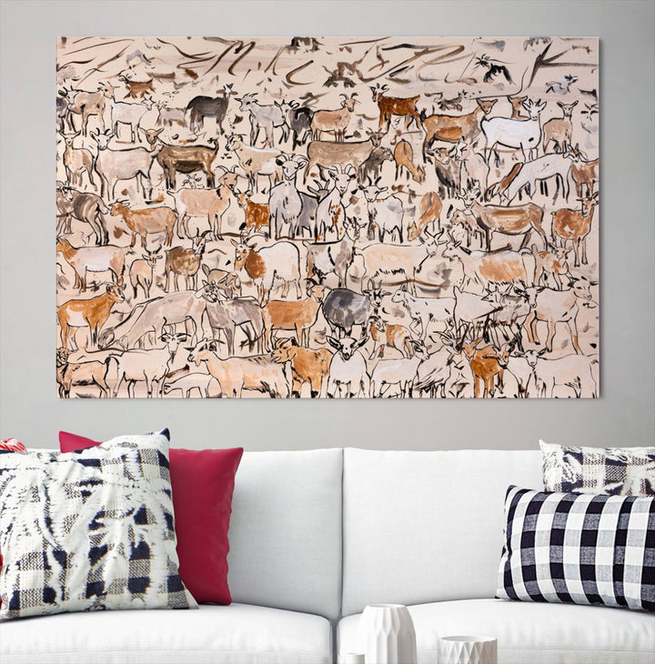 Abstract Farm Animal Canvas Wall Art - Rustic Goat and Cattle Design for Living Room, Farmhouse, or Study, Ready to Hang