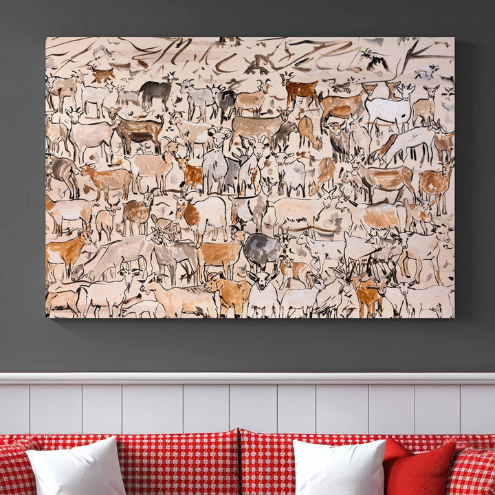 Abstract Farm Animal Canvas Wall Art - Rustic Goat and Cattle Design for Living Room, Farmhouse, or Study, Ready to Hang