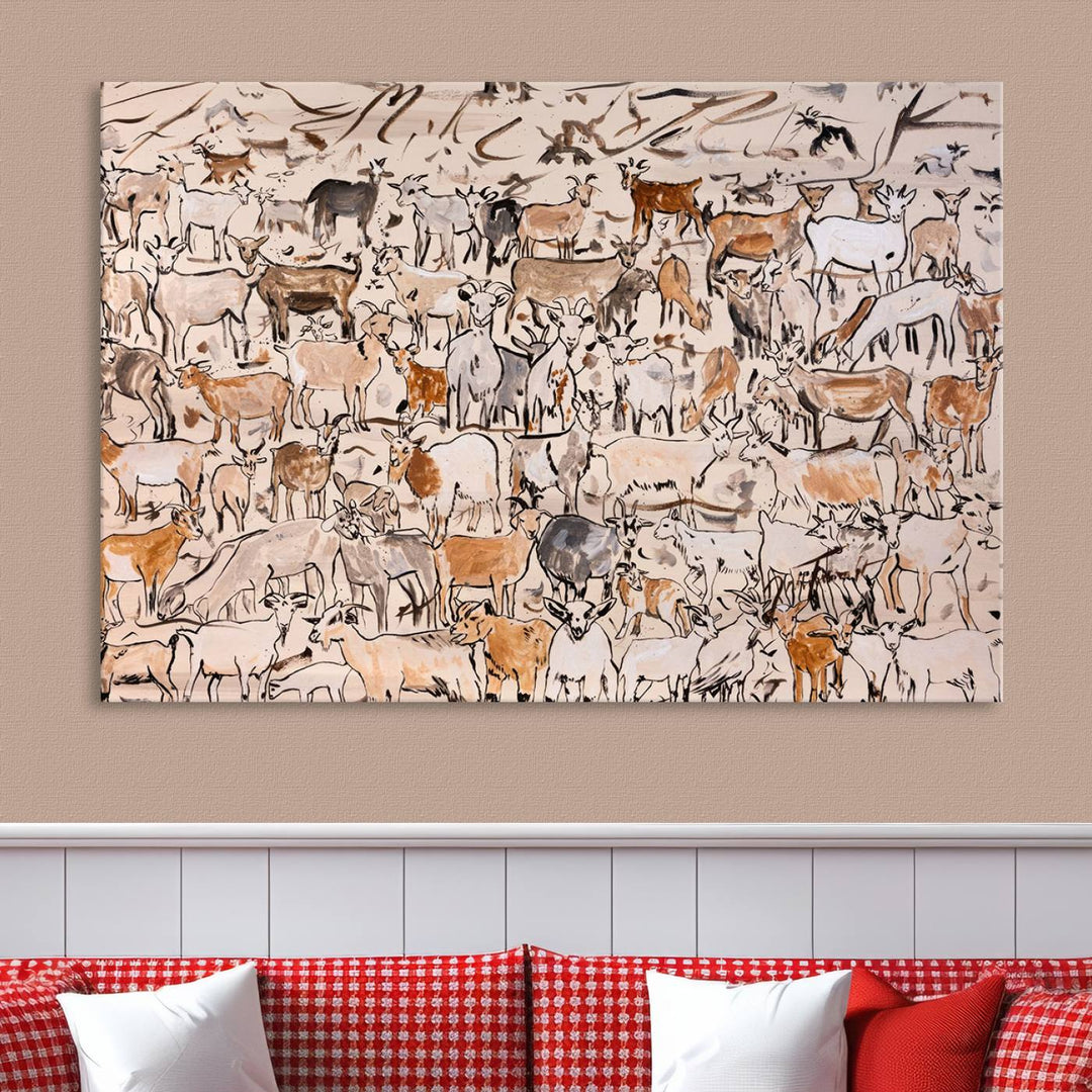 Abstract Farm Animal Canvas Wall Art - Rustic Goat and Cattle Design for Living Room, Farmhouse, or Study, Ready to Hang