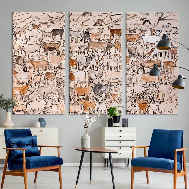 Abstract Farm Animal Canvas Wall Art - Rustic Goat and Cattle Design for Living Room, Farmhouse, or Study, Ready to Hang