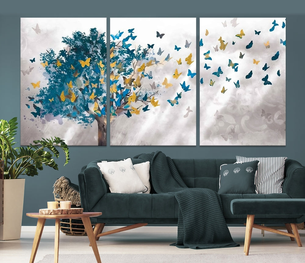 Abstract Gold Blue Butterfly Leaves Blue Tree Canvas Painting Landscape Print