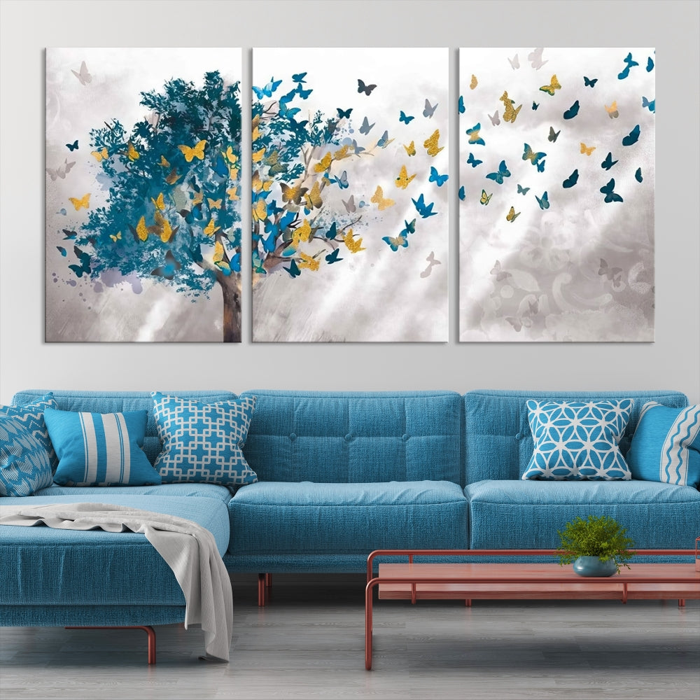 Abstract Gold Blue Butterfly Leaves Blue Tree Canvas Painting Landscape Print