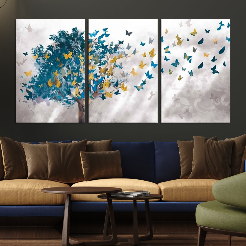 Abstract Gold Blue Butterfly Leaves Blue Tree Canvas Painting Landscape Print