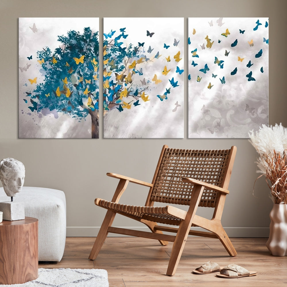 Abstract Gold Blue Butterfly Leaves Blue Tree Canvas Painting Landscape Print