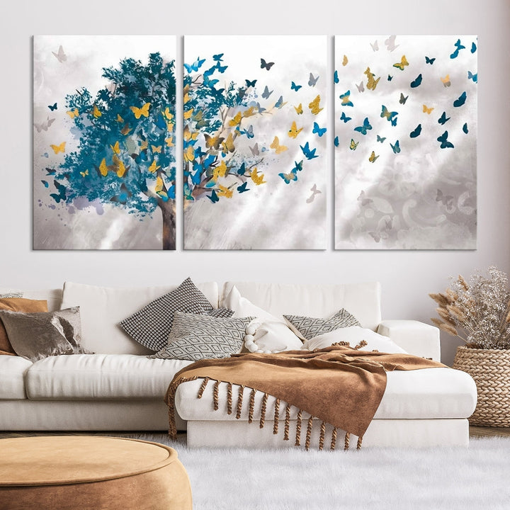 Abstract Gold Blue Butterfly Leaves Blue Tree Canvas Painting Landscape Print